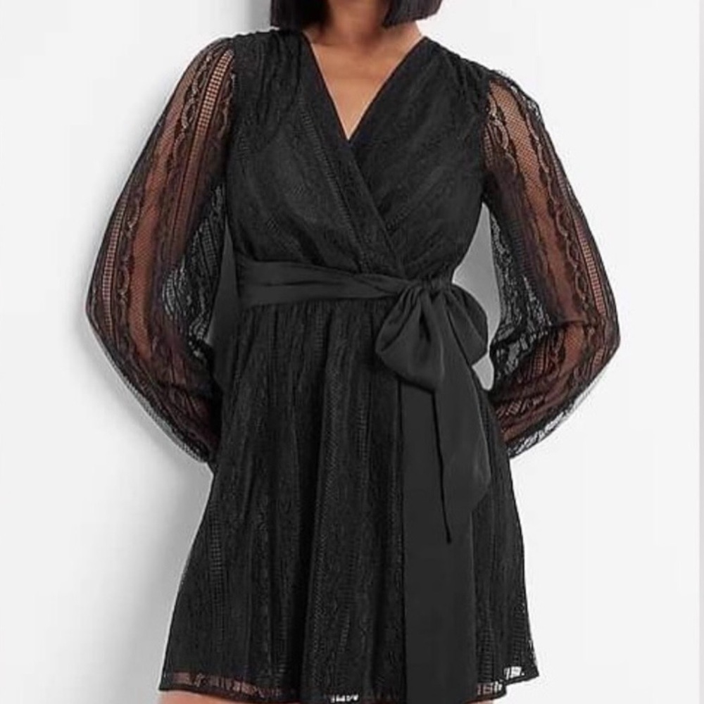 Express Black Lace Tie Waist with Sheer Balloon Sleeves
